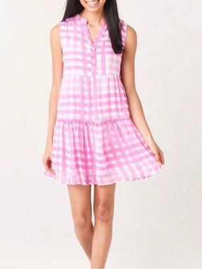 Oliphant Cotton Silk Sleeveless Tiered Mini Pink White Check Lined Dress Small